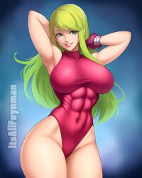 1girls abs armpits big_breasts breasts female female_only green_eyes green_hair hair hands_behind_head handwear hips huge_breasts itsallfeynman justin_bailey leotard light_green_hair long_hair metroid muscular muscular_female nintendo red_leotard samus_aran smile solo solo_female thick_thighs thighs thunder_thighs