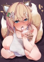 0marusankaku absurdres animal_ears apron areola_slip blonde_hair blue_eyes blush braid breasts copyright_request covered_nipples cum cum_in_mouth cum_on_hands cum_on_tongue female flower fox_ears fox_girl fox_tail hair_between_eyes hair_flower hair_ornament highres huge_breasts long_hair looking_at_viewer multicolored_hair multiple_tails naked_apron nipples one_breast_out open_mouth solo streaked_hair tail teeth tongue tongue_out trembling upper_teeth_only white_apron white_hair