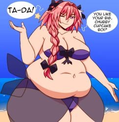 1boy astolfo_(fate) bbm big_breasts chubby chubby_femboy cookies-cat fat fate/apocrypha fate/grand_order fate_(series) femboy obese overweight swimsuit thick_thighs