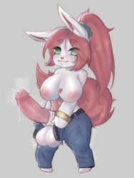 1futa 3:4 anthro ass balls big_balls big_breasts big_butt big_penis bodily_fluids bottomwear breasts chibi clothed clothing danai_box erection fluffy fluffy_tail fur futanari genital_fluids genitals green_eyes hair herm hi_res humanoid hybrid intersex intersex/intersex lagomorph leporid mammal nipples open_bottomwear open_clothing open_pants pants penis pink_hair pink_nipples pink_penis precum presenting rabbit solo tail thick_thighs vein veiny_penis white_body white_fur wide_hips