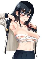 1girls armpits bangs black_hair blue_eyes blush braid breasts closed_mouth collarbone female female_only glasses hair_ribbon highres licking_lips lips long_sleeves medium_breasts navel nipples open_clothes ore_wo_suki_nano_wa_omae_dake_ka_yo pansy_(oresuki) presenting_armpit ribbon sanshokuin_sumireko sarashi school_uniform simple_background skirt solo tongue tongue_out undressing white_background xter xtermination