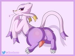 anthro anus ass balls blush border cloudeon femboy generation_5_pokemon genitals heart hi_res looking_at_viewer male mienshao nintendo penis pokemon pokemon_(species) purple_body purple_border purple_eyes solo