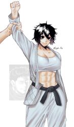 1girls abs aged_down arashiyama_jurota arm_up bare_midriff big_breasts black_eyes black_hair cleavage dougi eeyah_r18 female female_focus fighter genderswap_(mtf) kengan_(series) kengan_ashura kengan_omega martial_artist martial_arts_uniform meguro_masaki rule_63 short_hair smile solo_focus sports_bra tomboy toned toned_female wide_hips