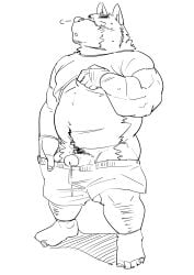 2023 anthro belly blush bodily_fluids canid canine canis clothed clothing clothing_lift domestic_dog genital_fluids genitals hi_res humanoid_hands kemono male mammal monochrome overweight overweight_male penis precum shirt shirt_lift solo sweat topwear ujishiyo underwear