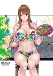 almost_naked belly_button bikini brown_eyes brown_hair brush colored_fingernails colors eyebrows_visible_through_hair illustration intermission jyura lips long_hair looking_at_viewer paint painted