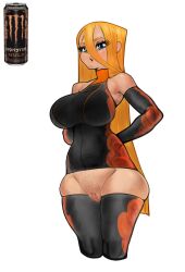 1girls bottomless energy_drink female humanized large_breasts long_hair monster_energy orange_hair personification pubic_stubble pussy skin_tight solo triplejonny wide_hips