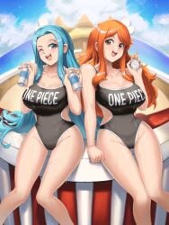 2girls blue_eyes blue_hair boat burnt_green_tea female female_only large_breasts long_hair nami nefertari_vivi ocean one_piece one_piece_swimsuit orange_eyes orange_hair post-timeskip swimsuit voluptuous wink