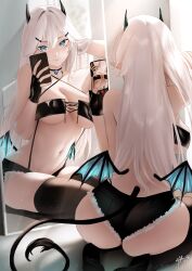 1girls ass blue_eyes breasts dat_ass female horns huge_ass kneeling large_breasts light-skinned_female light_skin long_hair mirror revealing_clothes selfie skindentation smile succubus succubus_horns succubus_tail thick_thighs thighs veibae virtual_youtuber vshojo white_hair wings zasshu96