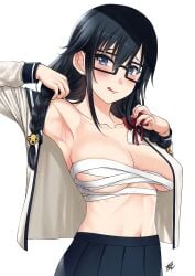 1girls armpits bandages bangs black-framed_eyewear black_hair black_sailor_collar blue_eyes blue_skirt blush braid breasts budget_sarashi collarbone female female_only glasses grey_shirt hair_between_eyes hair_ornament hair_ribbon jimiko large_breasts licking_lips long_hair long_sleeves looking_at_viewer navel open_clothes open_shirt ore_wo_suki_nano_wa_omae_dake_ka_yo pansy_(oresuki) pleated_skirt presenting_armpit ribbon ribs sailor_collar sanshokuin_sumireko sarashi school_uniform shirt signature simple_background skindentation skirt solo tongue tongue_out twin_braids undressing white_background xter xtermination