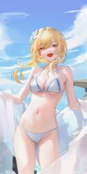 1girls bare_arms bare_belly bare_chest bare_legs bare_midriff bare_shoulders bare_skin bare_thighs bikini bikini_bottom bikini_only bikini_top blonde blonde_female blonde_hair blonde_hair_female female female_only flower genshin_impact hair_ornament hair_ornaments hiki_niito hiki_nito hikinito_(leviathan) leviathan_(hikinito0902) lumine_(genshin_impact) open_mouth open_mouth_smile panties string_bikini swimsuit swimwear tongue white_bikini white_bikini_bottom white_bikini_only white_bikini_top white_flower white_string_bikini white_swimsuit white_swimwear yellow_eyes