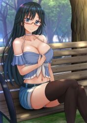 1girls bangs bare_shoulders bench black_hair black_thighhighs blue_eyes blue_shorts blurry blurry_background blush breasts choker cleavage closed_mouth collarbone commentary day depth_of_field english_commentary female female_only frills glasses hair_between_eyes hair_ornament hairclip halterneck head_tilt highres kazenokaze large_breasts long_hair looking_at_viewer navel on_bench ore_wo_suki_nano_wa_omae_dake_ka_yo outdoors pansy_(oresuki) park park_bench red-framed_eyewear revision sanshokuin_sumireko semi-rimless_eyewear short_shorts shorts sitting smile solo thighhighs tree under-rim_eyewear very_long_hair white_choker