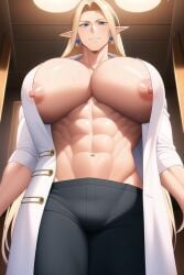 1boy abs ai_generated big_pecs blonde_hair blue_eyes coat elf elf_male huge_muscles huge_pecs hyper_pecs long_hair long_hair_male low-angle_view male male_only muscular muscular_male nai_diffusion nipples open_clothes open_coat pecs stable_diffusion sweat sweaty sweaty_pecs