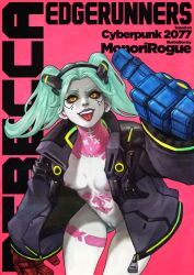 1girls cybernetics cyberpunk:_edgerunners cyberpunk_2077 female green_hair grey_skin jacket monorirogue netflix nude open_jacket petite pussy rebecca_(edgerunners) small_breasts studio_trigger tattoo tongue_out twintails