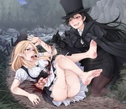 censored disembowelment duo elf erikku_(kata235) female female_only gore guro guts imminent_death intestines jacqueline_the_ripper knife murder organs peeing pointy_ears pussy seria_(erikku) snuff stabbing