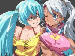 bakugan big_breasts blue_hair breast_envy clothes julie_makimoto naso4 runo_misaki_(bakugan) small_breasts tanned_female white_hair