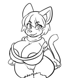 anthro areola areola_slip big_breasts blush blush_lines bottomless breasts clothed clothing domestic_cat felid feline felis female genitals hair hi_res huge_breasts lasso_(artist) looking_at_viewer mammal monochrome paccsu pupils purnima_(paccsu) pussy short_hair short_stack simple_background slit_pupils smile solo thick_thighs tongue tongue_out topwear white_background wide_hips