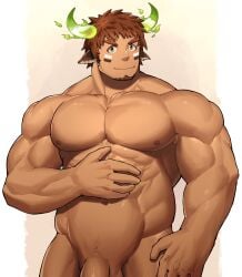 1boy abs animal_ears bara brown_eyes brown_hair closed_mouth completely_nude cow_boy cow_ears cow_horns dark-skinned_male dark_skin eye_black facial_hair fiery_horns forked_eyebrows glowing_horns highres horns large_pectorals male_focus muscular muscular_male navel nipples nude pectorals penis short_hair smile solo tekkowang thick_eyebrows tokyo_afterschool_summoners wakan_tanka