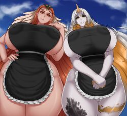 2girls absurdly_long_hair areolae ashera_(fire_emblem) ashunera_(fire_emblem) bare_thighs blonde_hair breasts colored_inner_hair covered_nipples curvy female female_only fire_emblem fire_emblem:_radiant_dawn fire_emblem_heroes from_below gigantic_breasts grey_hair grin gullveig_(fire_emblem) horn long_hair looking_at_viewer looking_down maid mature mature_female milf multicolored_hair multiple_girls naked_apron nintendo orange_eyes orange_hair outdoors pussy sideboob sky smile sorenstarz thick_thighs thighs uncensored very_long_hair voluptuous wide_hips yellow_eyes