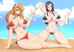 2girls armpits arms_up bare_legs bare_midriff bare_shoulders barefoot beach bikini blush female female_only large_breasts large_hips legs_apart legs_spread midriff nami navel nico_robin nipple_bulge nipples nipples_visible_through_clothing one_piece post-timeskip side-tie_bikini slim_waist spread_legs string_bikini swimsuit tiny_waist wade99 wide_hips