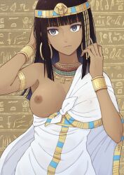 1girls ancient_egypt ancient_history areolae armlet bare_arms bare_shoulders black_hair blunt_bangs breasts breasts_out brown_skin casual_exposure casual_nudity circlet covered_nipples dark-skinned_female dark_nipples dark_skin dress egypt egyptian egyptian_clothes exposed exposed_breasts female gold_(metal) gold_jewelry grey_eyes jewelry kanden_sky large_breasts necklace nipples no_bra nonsexual_nudity one_breast_out open_clothes original partially_clothed revealing_clothes solo traditional_clothes white_dress