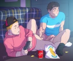 1boy 2boys backwards_baseball_cap backwards_hat baseball_cap black_hair blonde_hair bonding bromance brotherhood brown_eyes cap casual casual_sex chubby controller dripping dripping_cum erection exemi facial_hair food friends game game_controller gaming gay gay_sex green_eyes hairy hairy_legs hairy_thighs half-dressed hat male male/male male_focus male_only male_pubic_hair masturbation multiple_boys open_mouth partially_clothed party penis precum pubic_hair shirt smile socks sweater sweatshirt vein veins veiny veiny_penis veiny_testicles video_game yaoi