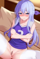 anus bangs bar_censor bare_shoulders blue_eyes blue_hair blue_shirt blurry blurry_background blush bottomless bow breasts censored closed_mouth collarbone couch crossed_arms female hair_between_eyes hairbow huyumitsu indoors large_breasts long_hair looking_at_viewer on_couch original pillow purple_bow pussy shirt short_shorts shorts sidelocks sitting sleeveless sleeveless_shirt smile solo sportswear spread_legs thighhighs very_long_hair volleyball_uniform white_thighhighs