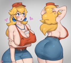 1girls arms_behind_head backboob big_ass big_penis blonde_hair blue_eyes bobtheneet cleavage cosplay female female_only grey_background huge_ass huge_breasts mario_(cosplay) mario_(series) multiple_views nervous nintendo princess_peach sideboob simple_background skirt solo standing thick_thighs voluptuous wide_hips