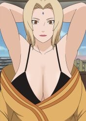 1girls armpits arms_behind_head bare_arms bare_chest bare_shoulders big_breasts blonde_hair boruto:_naruto_next_generations bra breasts breasts_bigger_than_head brown_eyes collarbone female female_only front_view huge_breasts kimono large_breasts lipstick makeup mature mature_female mature_woman naruto naruto_(series) padm solo solo_focus tsunade upper_body