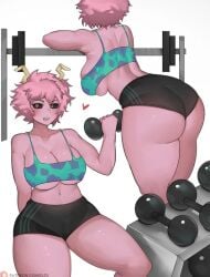 1girls ass barbell big_ass big_breasts bobtheneet bra cleavage dat_ass dumbbell exercise female female_focus female_only large_breasts mina_ashido my_hero_academia pink_hair pink_skin shorts solo sports_bra underboob workout yellow_eyes