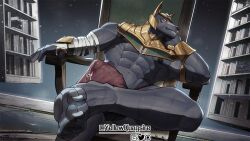 16:9 anthro anubian_jackal armor bodily_fluids bulge canid canine canis chair clothed clothing cum erection feet furniture genital_fluids genitals humanoid jackal league_of_legends male mammal muscular muscular_anthro muscular_male nasus nipples pecs penis riot_games sitting smile solo underwear widescreen yellowquagsire