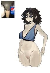 1girls bottomless cleavage grumpy humanized medium_breasts pale_skin personification pilk pubic_stubble pussy reference_image short_hair solo sweat triplejonny wide_hips