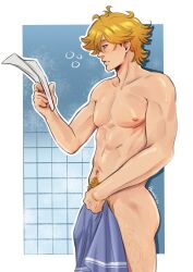 1boy abs aquarela ass blonde_hair buddy_daddies chest kazuki_kurusu male_only nipples pubic_hair solo solo_focus solo_male tagme towel towel_around_waist