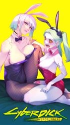 2d 2girls berg berg-yb breasts bunny_ears bunnysuit cd_projekt_red cyberpunk:_edgerunners cyberpunk_2077 green_hair latex leotard lucyna_kushinada multiple_girls on_bed rebecca_(edgerunners) shiny_clothes sitting_on_person size_difference studio_trigger tight_clothing white_hair yuri