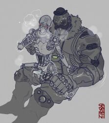 1boy 2boys balls blizzard_entertainment blush bob_(overwatch) breath clothed clothes clothing cum cum_inside duo gay gay_sex hat heavy_breathing living_machine male male/male male_focus male_only male_penetrated male_penetrating male_penetrating_male movement_lines omnic overwatch overwatch_2 penis robot robot_penis severeni shaking size_difference sweat tagme top_hat weapon yaoi zenyatta