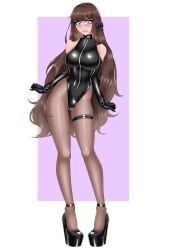 1futa 2020s 2021 ankle_strap bangs big_breasts blue_eyes breasts brown_hair bulge clothed clothing collar colored first_porn_of_character fully_clothed futa_only futanari high_heels human jesscatg latex latex_gloves light-skinned_futanari light_skin long_hair looking_annoyed maisie_(jesscatg) platform_heels solo solo_futa standing thick_thighs wide_hips