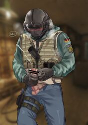 artist_request blush blushing censored_penis climax cum ejaculating_cum ejaculation headphones helmet helmet_covering_face hoodie jager_(rainbow_six) male_focus male_only mask masked masked_male masturbating masturbation rainbow_six rainbow_six_siege solo_male tactical_gear tactical_gloves