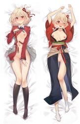 ;d absurdres arms_up bed_sheet black_socks blonde_hair blue_ribbon blush breasts chukibabo2 closed_mouth collarbone dakimakura_(medium) dress female from_above grey_dress hair_ribbon highres japanese_clothes kimono long_hair long_sleeves looking_at_viewer lycoris_recoil lycoris_uniform lying medium_breasts neck_ribbon nipples nishikigi_chisato on_back one_eye_closed open_clothes open_dress open_kimono pleated_dress pussy red_eyes red_kimono red_ribbon ribbon short_dress side_slit smile socks solo thigh_gap two-tone_dress white_socks wide_sleeves wing_collar