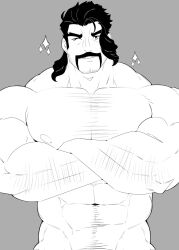 1boy abs bara beard_stubble big_muscles big_pecs body_hair clothed crossed_arms daddy facial_hair hairy hairy_chest hairy_legs human long_hair_male looking_at_viewer male male_nipples male_only male_pubic_hair manly mature_male monochrome mr._saguaro muscles muscular_male mustache npc_trainer nude_male pecs pochikungxd pokemon pokemon_sv shirtless smile smiling smiling_at_viewer solo wink