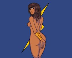 1girls ass ass_focus bangle blue_background bracelet breasts brown_eyes brown_hair dark-skinned_female dark_skin happy kamala_khan knarf_at_night looking_at_viewer marvel marvel_comics ms._marvel ms._marvel_(kamala_khan) muslim muslim_female nipples nude nude_female shy simple_background solo