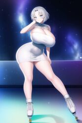 ai_generated big_boobs big_breasts blue_eyes blush breasts curvaceous curvy curvy_female curvy_figure dress eyes female female_focus female_only grey_hair huge_ass huge_breasts huge_butt large_breasts looking_at_viewer minidress miniskirt nai_diffusion roller_skates senran_kagura stable_diffusion standing thick thick_thighs voluptuous voluptuous_female white_dress wide_hips yumi_(senran_kagura)