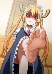 1girls bangs barefoot blonde_hair feet foot_fetish foot_focus horn horns looking_at_viewer maid_uniform miss_kobayashi's_dragon_maid nush_advance orange_eyes red_eyes soles toes tohru_(dragon_maid) twintails