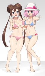 2023 2girls absurd_res barefoot belly big_breasts bikini blue_eyes breasts brown_hair female female_only hair_bun hat nintendo oyatsu_0 peace_sign pink_hair pokemon pokemon_bw2 rosa_(pokemon) smile yancy_(pokemon)