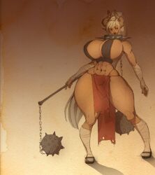 1girls animal_ears big_breasts breasts brown_skin choker clothed clothing cow_girl dark-skinned_female dark_skin e0sca female female_only flail horn horns hourglass_figure huge_breasts huge_hips humanoid kemonomimi mostly_nude muscular muscular_futanari solo standing tail thick_thighs weapon white_hair wide_hips