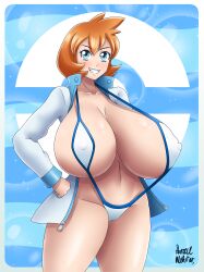 aqua_eyes armpits arms_up azraelwebster breasts clothing covered_navel cowboy_shot curvaceous female female_only game_freak high_resolution hips holding holding_object holding_poke_ball huge_breasts jacket kasumi_(pokemon) large_breasts legs misty_(pokemon_hgss) muscle navel nintendo one-piece_swimsuit open_mouth orange_hair pokemon pokemon_(game) pokemon_gsc pokemon_hgss simple_background smile standing swimsuit thick_thighs thighs vagina very_high_resolution water white_swimsuit wide_hips