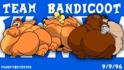 16:9 1girls 2boys activision anthro ass big_butt bubble_butt chubby_female coco_bandicoot crash_(series) crash_bandicoot crunch_bandicoot fat feet female floofyboyetime fur group hi_res hyper_fat male male/female nude obese overweight thick_thighs trio widescreen