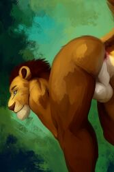 2022 anthro anus ass balls digital_media_(artwork) felid fur genitals green_eyes hi_res lion male mammal nude pantherine presenting presenting_hindquarters rear_view simple_background smile solo sylo