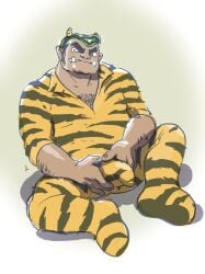 2023 bulge chuchugelee clothed clothing flaccid green_hair hair hi_res horn horned_humanoid humanoid humanoid_hands limp_penis lum's_father male male_only mature_male simple_background sitting sole_male solo urusei_yatsura