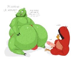 2023 angry_birds animehikaridesu anthro ass avian belly big_belly big_butt bulge clothing columbia_pictures dialogue domestic_pig duo english_text erection genitals green_body hi_res imminent_yaoi king_leonard male male/male male_only mammal moobs penis pig_(angry_birds) red_(angry_birds) red_body rovio rovio_entertainment sega sitting sony suid suina superchub sus_(pig) text the_angry_birds_movie underwear