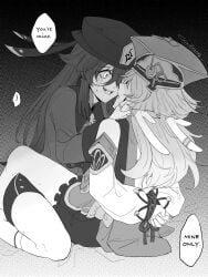 2girls blue_eyes bondage bound bound_arms bound_wrists cesarzebrah czasjb english_text female female_only genshin_impact greyscale hu_tao_(genshin_impact) restrained rope smile speech_bubble spread_legs yandere yanfei_(genshin_impact) yuri