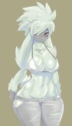 1girls anthro bangs bangs_over_one_eye big_breasts big_hair bikini bikini_top black_nose dog dog_girl dog_tail doggirl female floppy_ears fluffy fluffy_ears fluffy_hair furfrou furry hair hair_over_one_eye hip_vent huge_hips jeans long_ears midriff navel nose_piercing piercing pokémon_(species) pokemon red_eyes ripped_jeans ripped_pants short_hair short_tail solo tail tattoo torn_pants tramp_stamp white_bikini xopachi